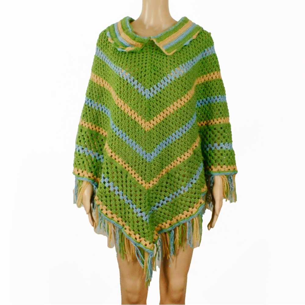 Vintage 60s 70s Green Stripe Crochet Knit Cape Shrug Poncho Fringe